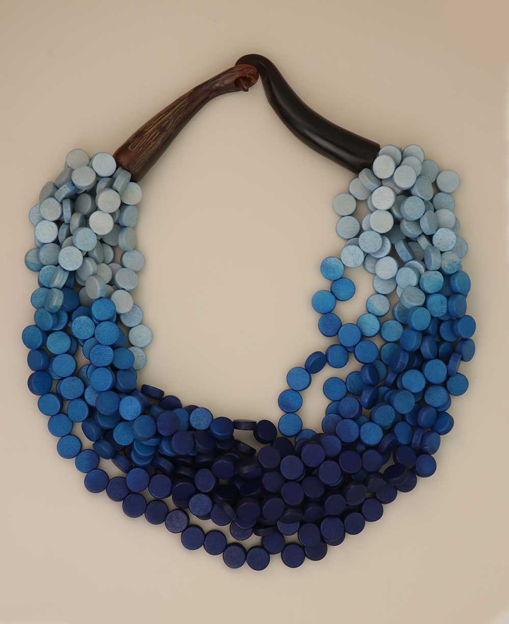 Deep blue to grey twisted wooden disc necklace