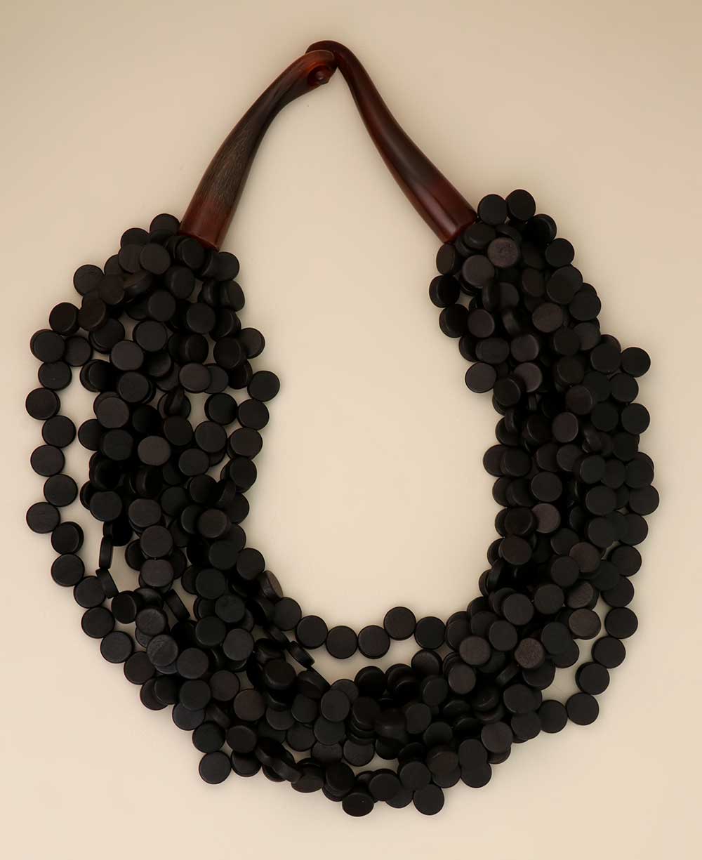 Twisted multi-strand black wooden disc necklace