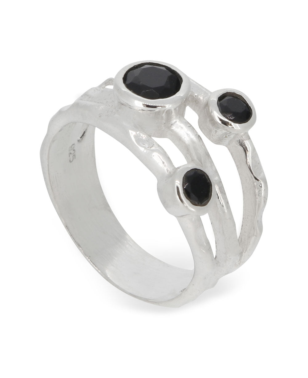 Black Onyx Triple Gemstone Ring, Sterling Silver - Rings Size 6