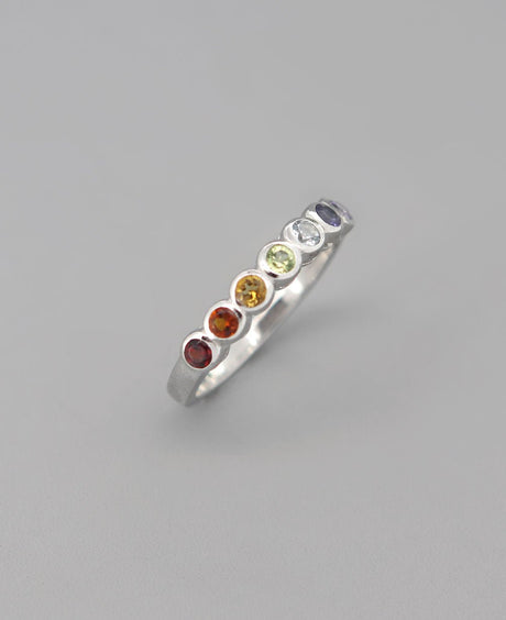 Gemstone Studded Sterling Silver Chakra Ring - Rings Size 6