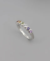 Gemstone Studded Sterling Silver Chakra Ring - Rings Size 6