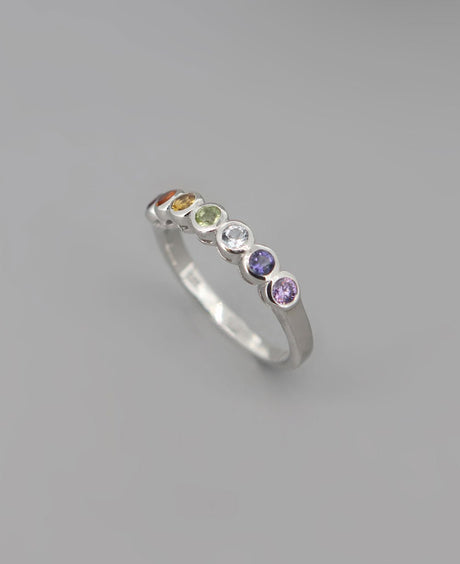 Gemstone Studded Sterling Silver Chakra Ring - Rings Size 6