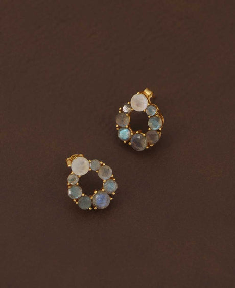 Gold Plated Labradorite Stud Earrings with Rainbow Moonstone - Earrings