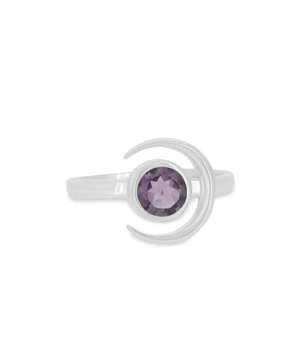 Sterling Silver Amethyst Ring with Crescent Moon - Rings Size 6