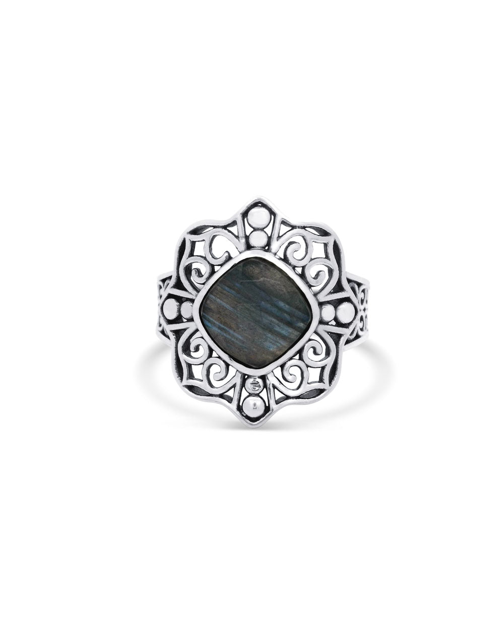 Sterling Silver Labradorite Ring with Lotus Mandala Design - Rings 6