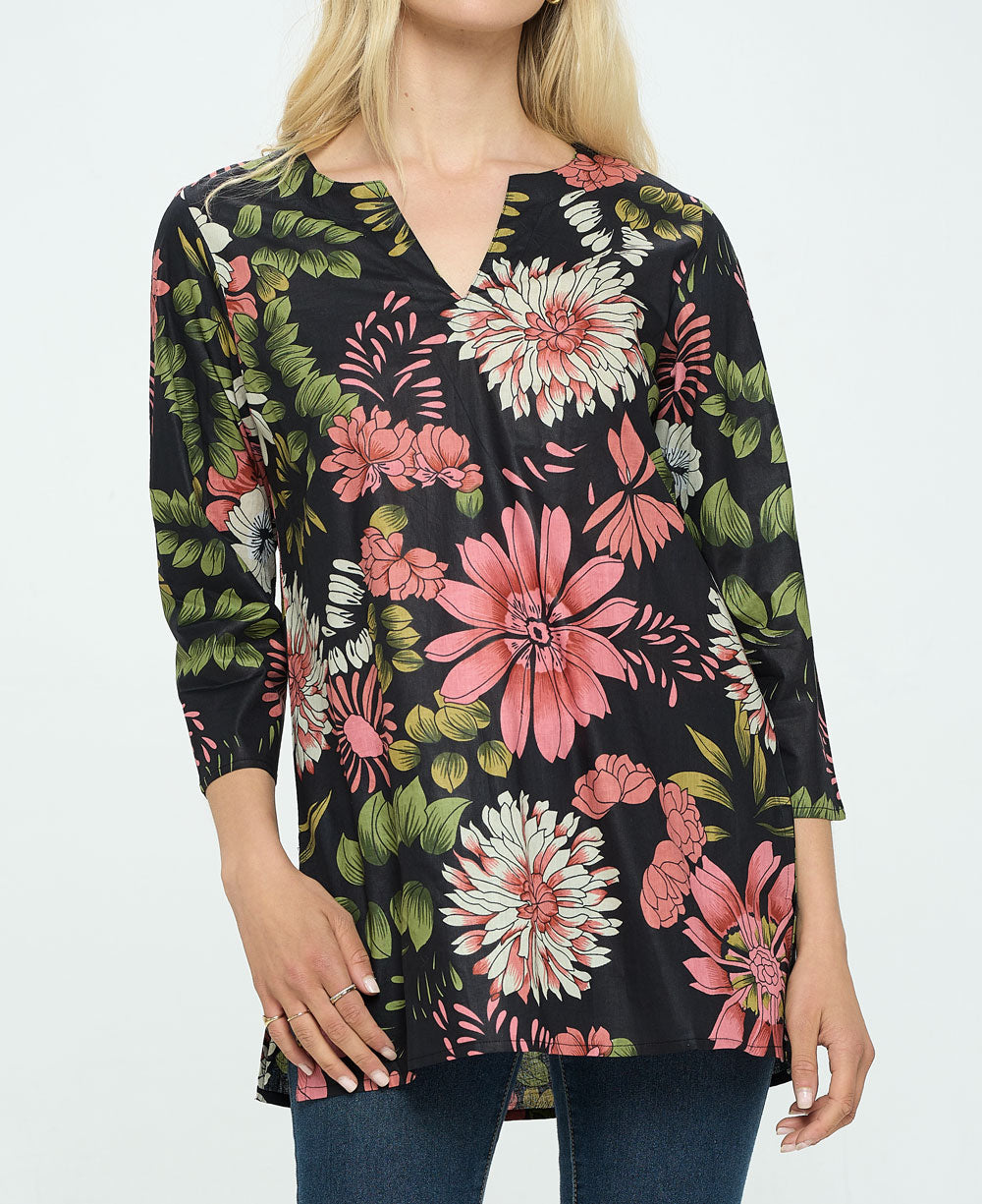 Black And Pink Floral Cotton Tunic Top – Cultural Elements