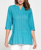 Turquoise Eyelet Cotton Tunic Shirt