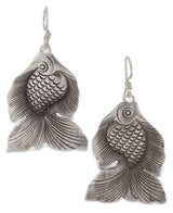 Laotian hill tribe silver fish design earrings measuring 1.75 inches tall and 1.25 inches wide