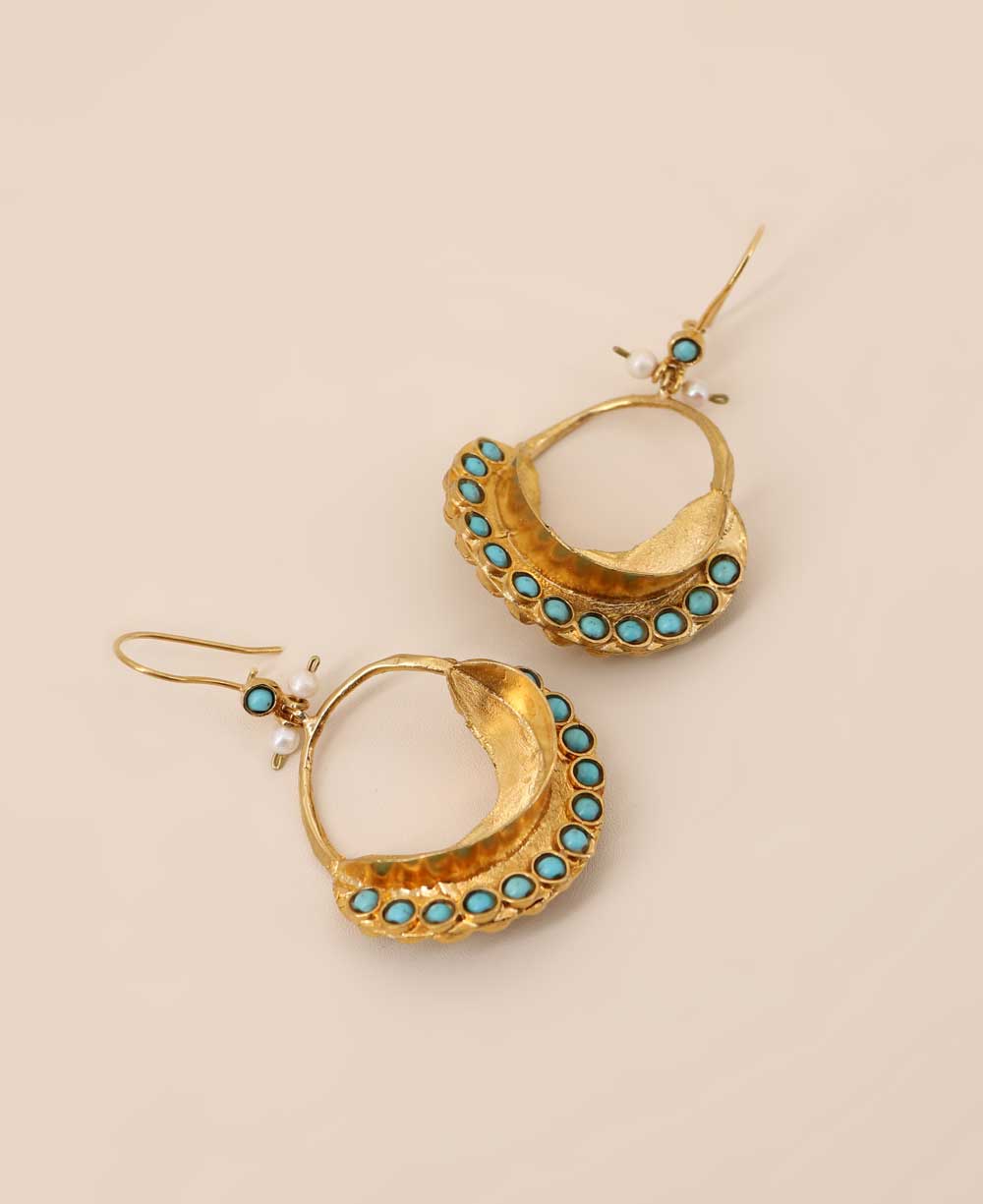 Elegant vintage-inspired Turkish-made earrings featuring boat-shaped hoop and colorful turquoise beads