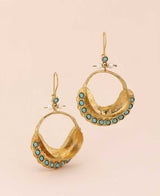 Matte gold-plated brass swirl boat hoop earrings with turquoise beads and pearl accents