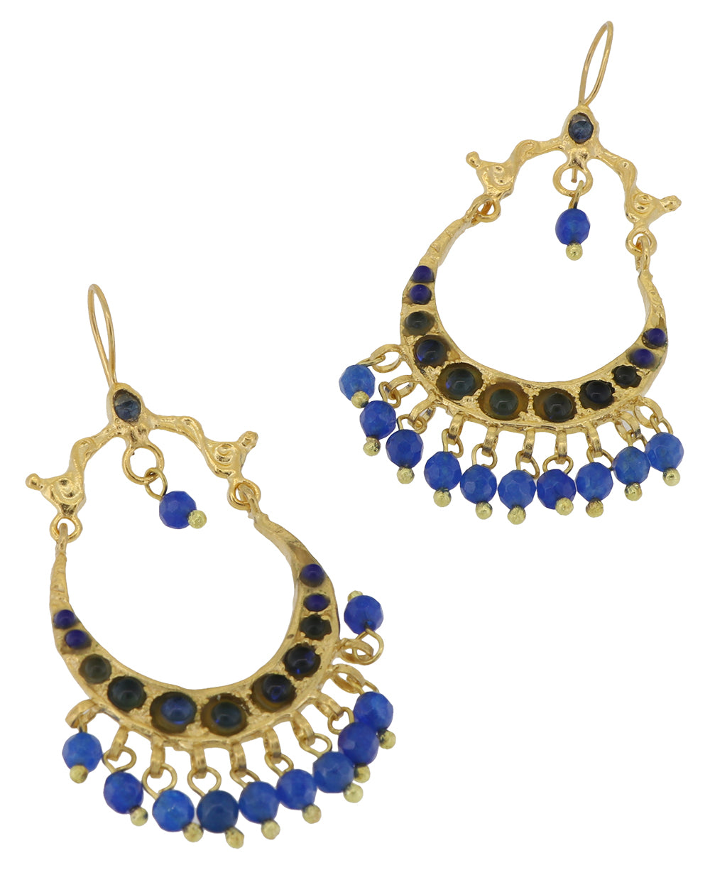 Horse shoe shaped earrings in gold with blue agate beads with hook closure